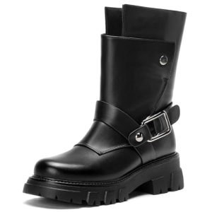 Half-boots Women Gothic Boots Black Motorcycle Ankle Boot Lug Sole Biker Boot Comfortable Chunky Thick Sole Buckles Combat Short