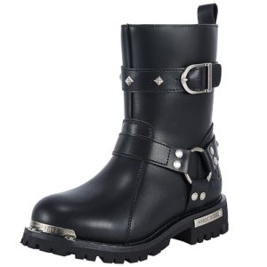Women PU Leather Harness Motorcycle Boots for Riding Waterproof Studded Biker Boots with Side Zipper & Buckle, Black Engineer