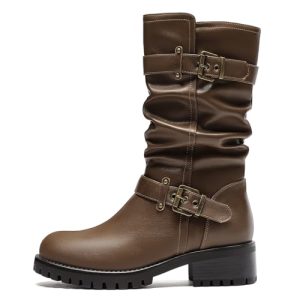 Mid Calf Boots For Women with a Wide Toe Box Motorcycle Biker Riding Boots with Buckles Round Toe Dress Boots with Low Chunky